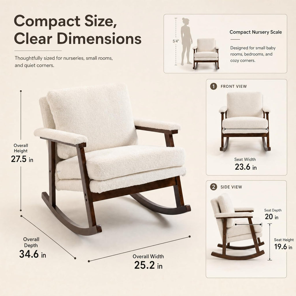 Rocking Chair Nursery, Compact Glider Rocking Chair for Indoor Use, Small Upholstered Rocker Chair for Bedroom Living Room, Teddy Fleece Accent Chair,White