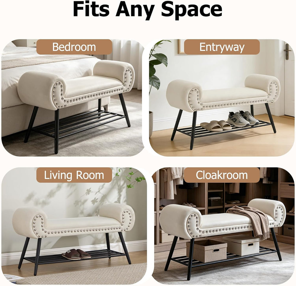 45" Upholstered Storage Shoe Bench, Velvet Fabric End of Bed Bench with ...