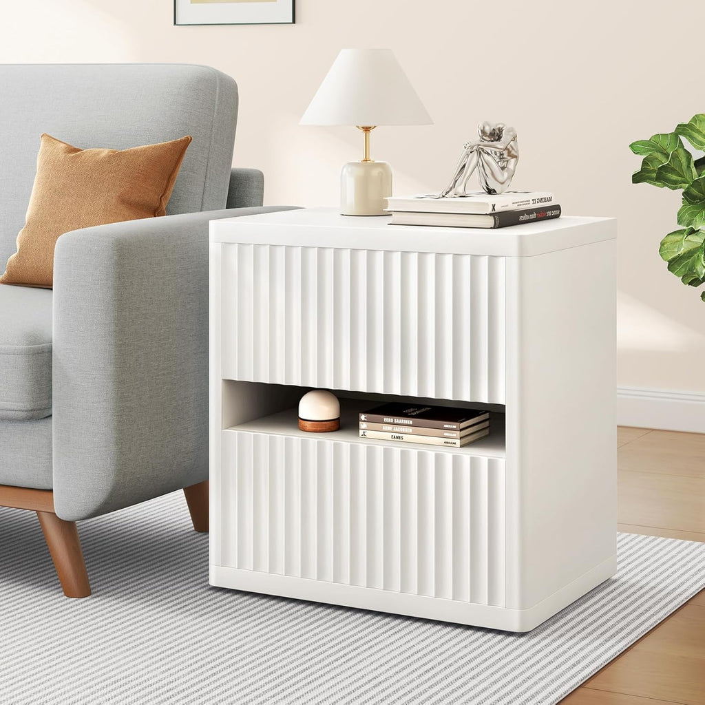 Dripex Fluted Nightstand with 2 Drawers, Large Wide Wood Night Stand Bedside Tables for Bedroom, Mid-Century Modern Storage Bed Side Table, End Tables for Living Room Sofa Couch, White, Set of 1