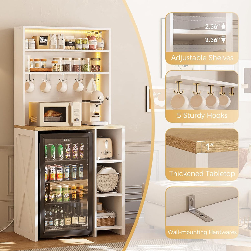 IRONCK Bakers Rack with Mini Fridge Space & Power Outlets, 69.3" Coffee Bar Station with LED Lights, 7-Tier Kitchen Microwave Stand with Hooks & Wooden Backboard, Space-Saving Utility Organizer, White