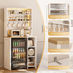IRONCK Bakers Rack with Mini Fridge Space & Power Outlets, 69.3" Coffee Bar Station with LED Lights, 7-Tier Kitchen Microwave Stand with Hooks & Wooden Backboard, Space-Saving Utility Organizer, White