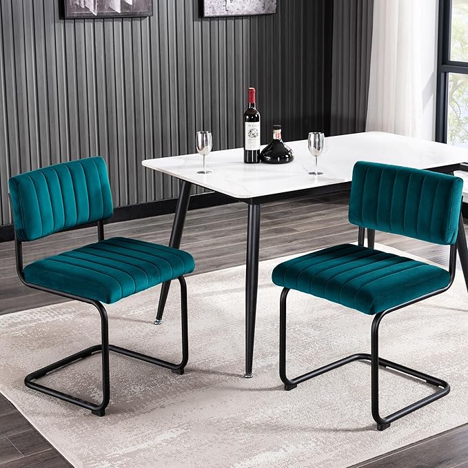 ONEVOG Modern Luxury Velvet Dining Room Chairs Set of 4, Teal Upholstered Kitchen Chairs, Heavy Duty Contemporary Armless Dining Chair with Wide Comfy Seat and Black Metal Legs, Cantilevered Design