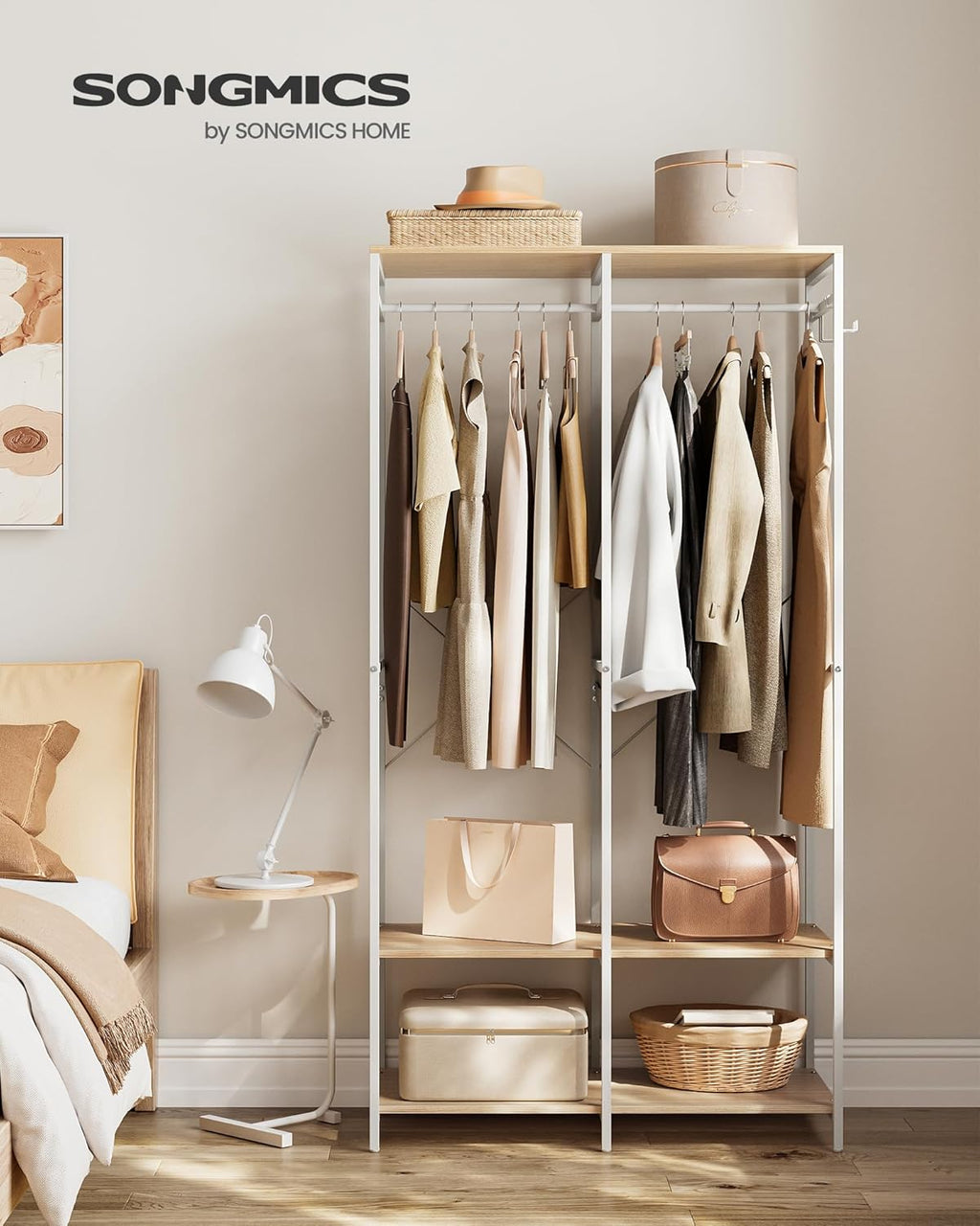 SONGMICS Clothes Rack, Iron and Wood Wardrobe Closet Organizer, Heavy Duty Garment Rack with Hanging Rods, Closet Shelves, Removable Hooks, 15.7 x 37.2 x 70.9 Inches, Natural Beige URGR004W67