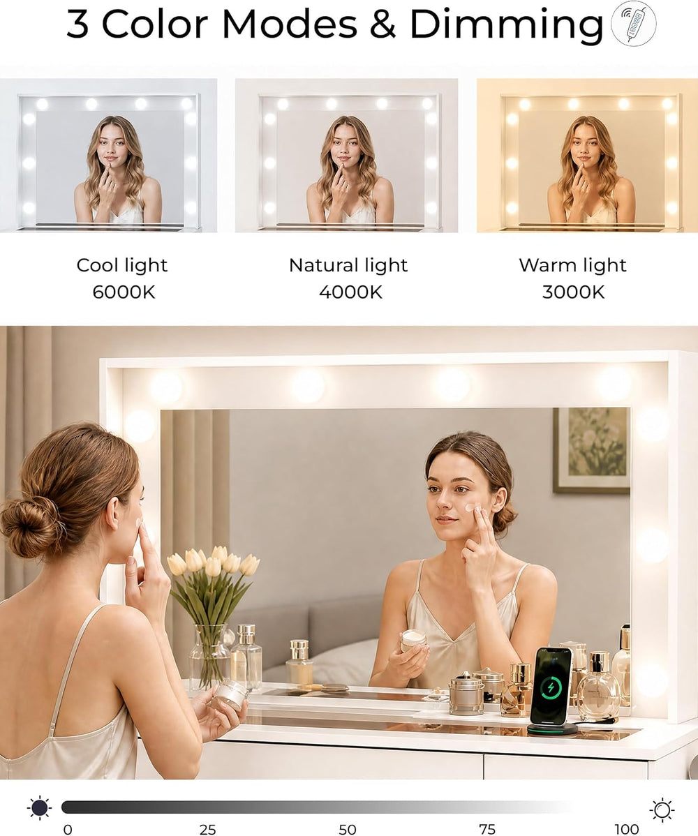 Otterease White Makeup Vanity with Mirror and Lights,11 Drawers & Glass T...