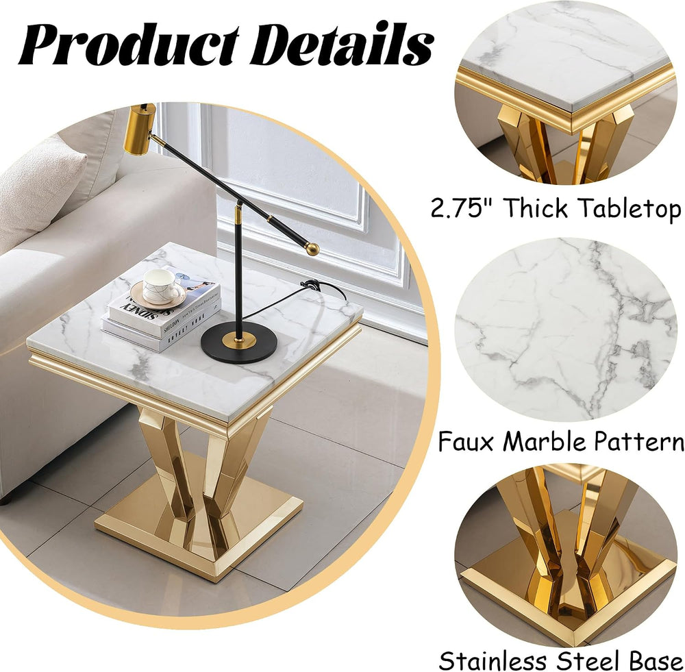Faux Marble End Table, Modern 23" Square Side Table with Marble Tabletop...