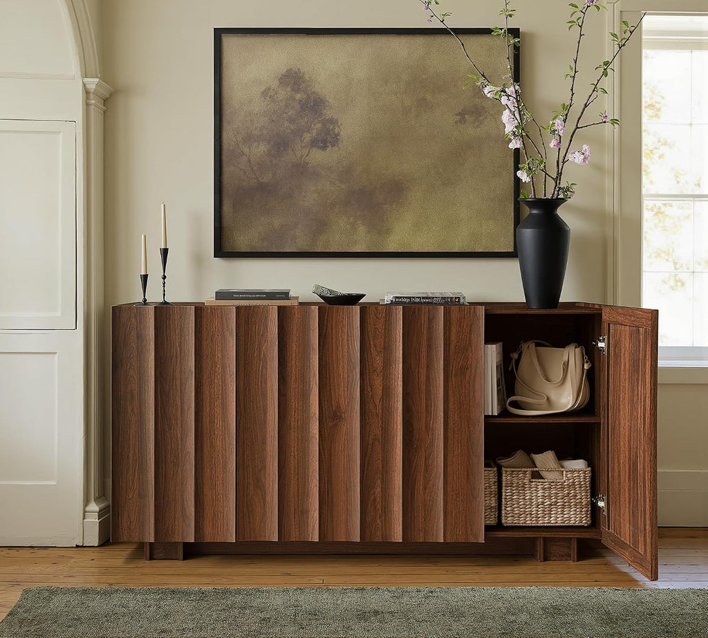 win2win 61.7" Fluted Sideboard Buffet Cabinet with Storage, Walnut | Mid Century Modern Credenza with Adjustable Shelves, Modular Accent Cabinet for Living Dining Room Hallway,Wave Design