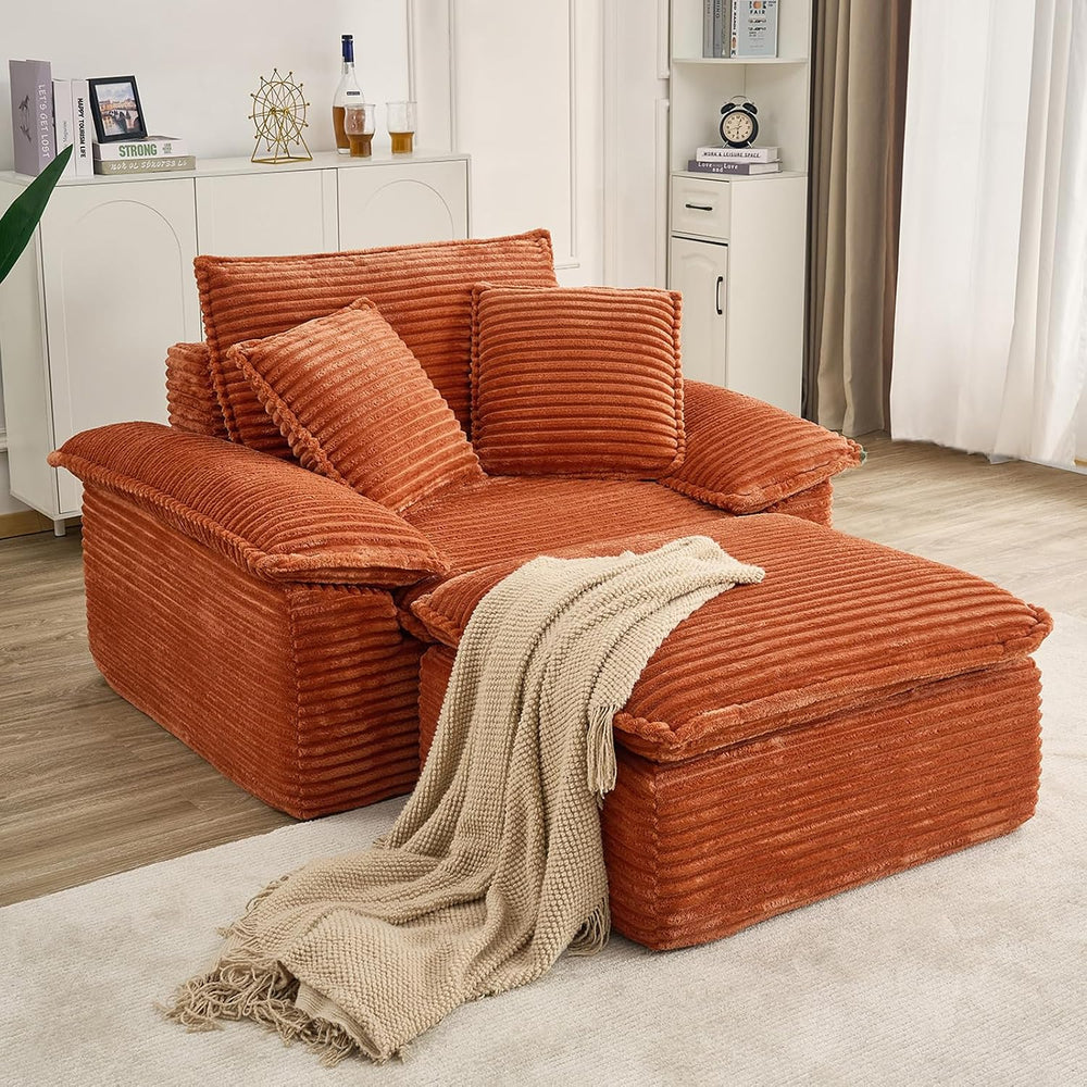Oversized Chaise Lounge Chair Indoor with Ottoman, Upholstered Corduroy Moder...