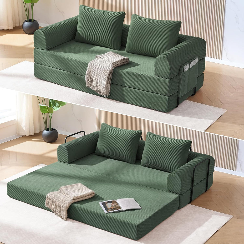4-in-1 Boneless Folding Convertible Sofa Bed, 78 Inch Corduroy Loveseat Sleeper Couches with Pull Out Bed, Futon Couch for Living Room Bedroom, No Assembly Needed, Green