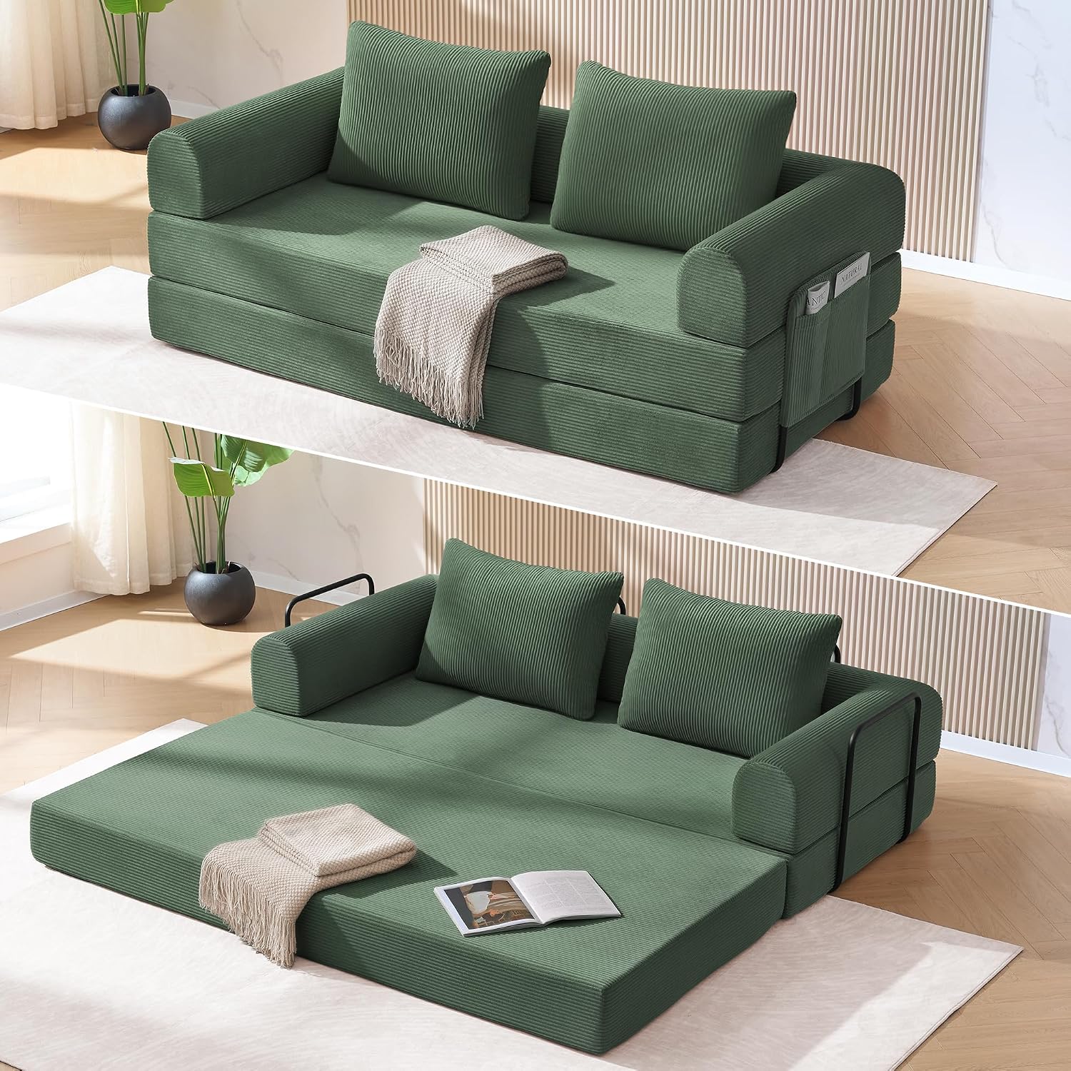 4-in-1 Boneless Folding Convertible Sofa Bed, 78 Inch Corduroy Loveseat Sleeper Couches with Pull Out Bed, Futon Couch for Living Room Bedroom, No Assembly Needed, Green
