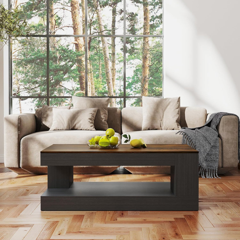 Miereirl Farmhouse Coffee Table with Storage Shelf, 2-Tier Wood Rustic Center...