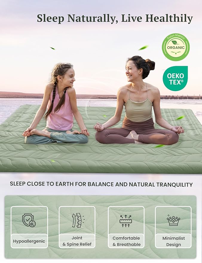 ZonLi Japanese Floor Mattress Futon Mattress Twin Size, Thicken Roll Up Tatami Mat w/ 100% Cotton Washable Cover, Portable & Foldable Floor Bed Mattress for Sleeping, Dormitory, Adult Kids, Green