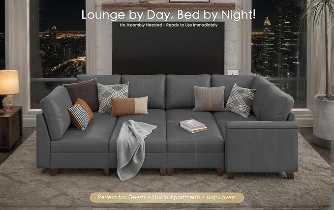 SITJOY 118" Faux Leather Modular Sectional Sofa with Storage, Mid Century Modern Sectional Couches for Living Room, 6 Seater V Shaped Couch with Chaise, Gray