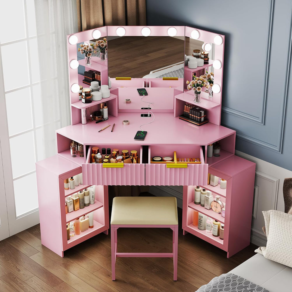 Corner Makeup Vanity with LED Triple Mirror and Charging Station - Pink | SKK...
