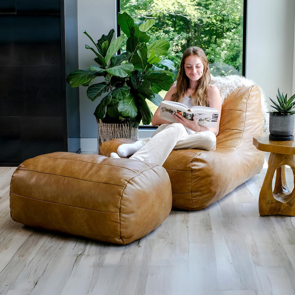 Big Joe Modora Bean Bag Lounger, Living Room and Gaming Seat, Copper Harbor Vegan Leather, Chair & Ottoman Set
