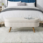 43.5" Oval Storage Bench, End of Bed Storage Benches, Linen Fabric Upholstered Ottoman Bench with Safety Hinge for Living Room Entryway Bedroom Hallway (Beige, 43.5 inch)