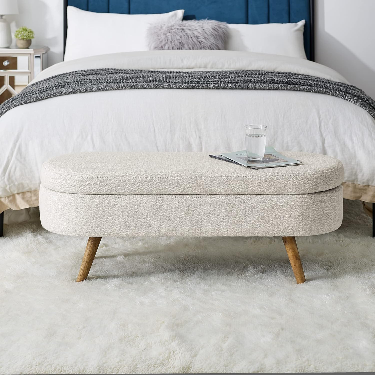 43.5" Oval Storage Bench, End of Bed Storage Benches, Linen Fabric Upholstered Ottoman Bench with Safety Hinge for Living Room Entryway Bedroom Hallway (Beige, 43.5 inch)