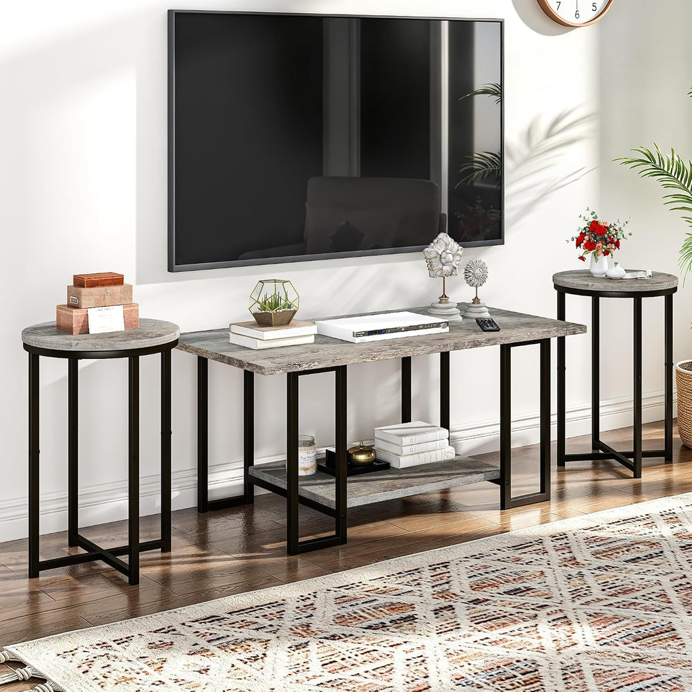 AWQM Coffee Table Set of 3, Modern Wood Living Room Table Set, Gray