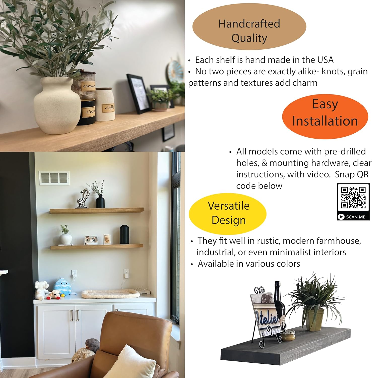 joelsantiques - 48 Inch Wooden Floating Shelves for Wall - 48x8x2 in - Made of Natural Wood - Long Heavy Duty Rustic Wall Shelves for Bedroom - Perfect for Living Room, Kitchen - Beige