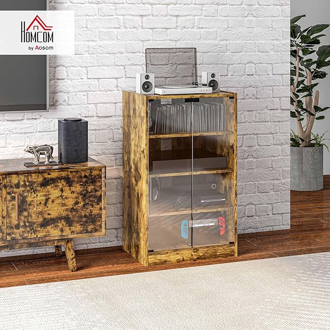 HOMCOM Media Cabinet, 4-Tier Stereo Cabinet for Vinyl Record Player, Gaming Console, AV Record Player Stand with Adjustable Shelves, Push-to-Open Glass Doors and Cable Management, Rustic Brown