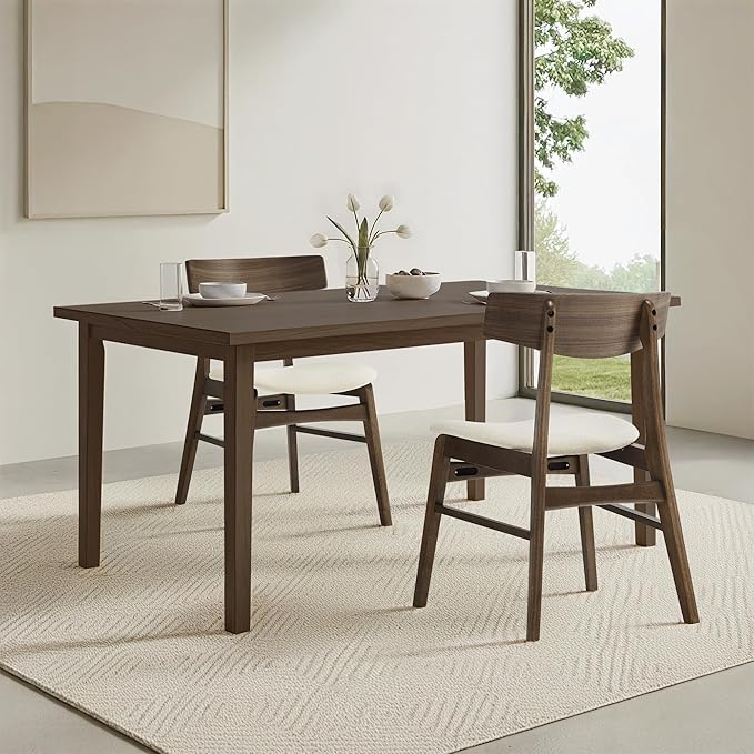 Wooden Dining Chairs Set of 6, Upholstered Modern Dining Room Chairs, Mid Century Oak Kitchen Chairs with Curved Wood Backrest for Kitchen, Restaurant, Farmhouse (Cream Fabric & Walnut Color)