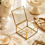 Gold Glass Jewelry Box Organizer for Women Girls, Small Trinket Keepsake Box with Lid, Clear Jewelry Storage Case for Rings Earrings Necklace, Decorative Vanity Dresser Bathroom Countertop Organizer