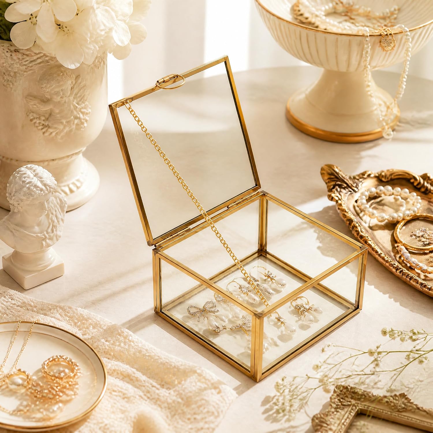 Gold Glass Jewelry Box Organizer for Women Girls, Small Trinket Keepsake Box with Lid, Clear Jewelry Storage Case for Rings Earrings Necklace, Decorative Vanity Dresser Bathroom Countertop Organizer