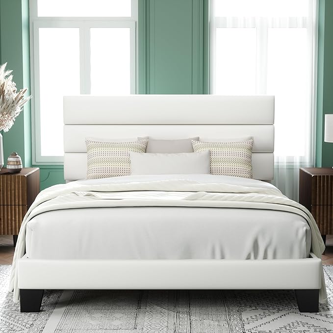 Allewie Full Size Platform Bed Frame with Velvet Upholstered Headboard and Wooden Slats Support, Fully Upholstered Mattress Foundation/No Box Spring Needed/Easy Assembly, White