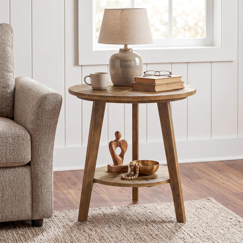 Tribesigns Solid Wood Round Side Table, 2-Tier Farmhouse End Table with Stora...