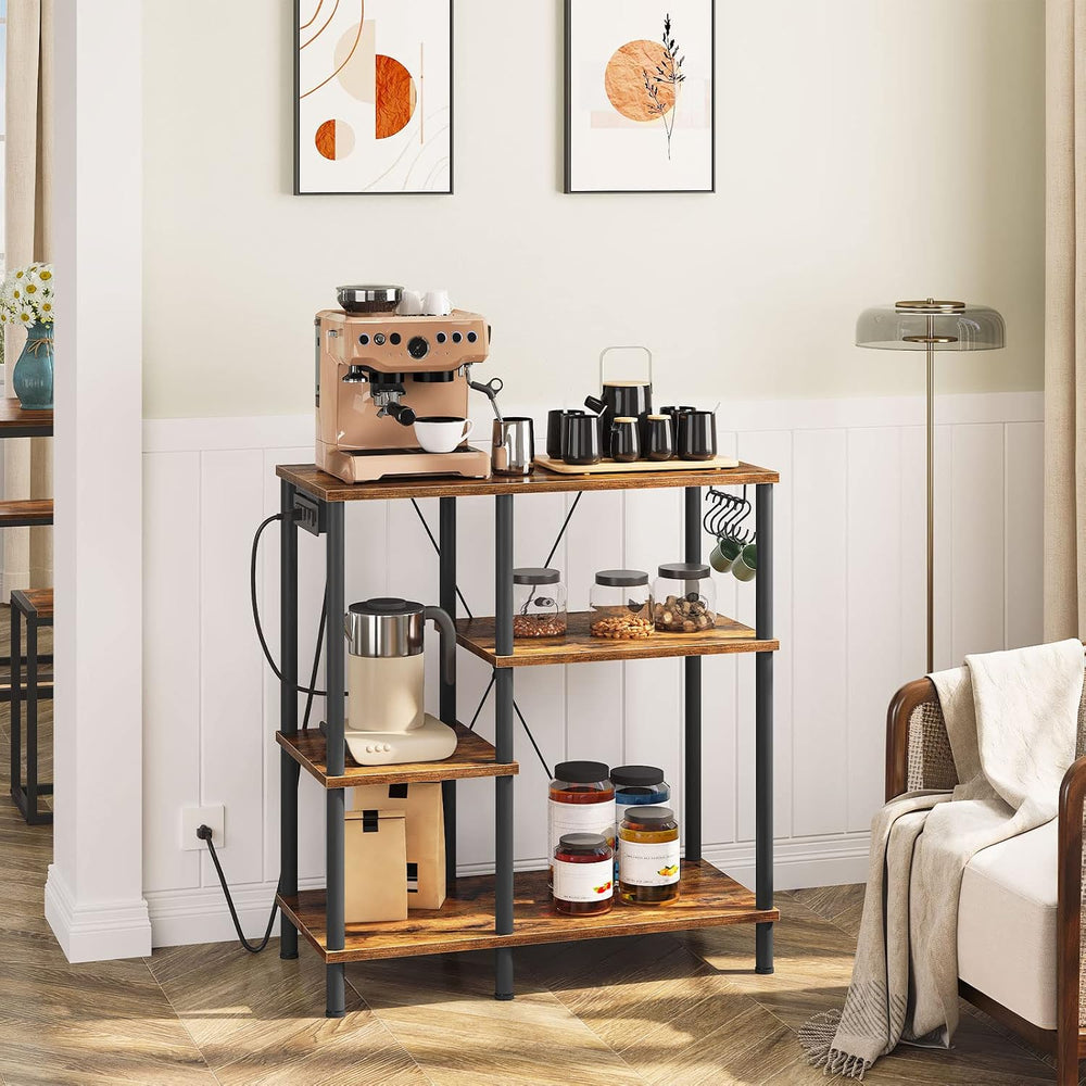 HOOBRO Bakers Rack with Power Outlet, Microwave Stand with 5 S-Shaped Hooks, ...
