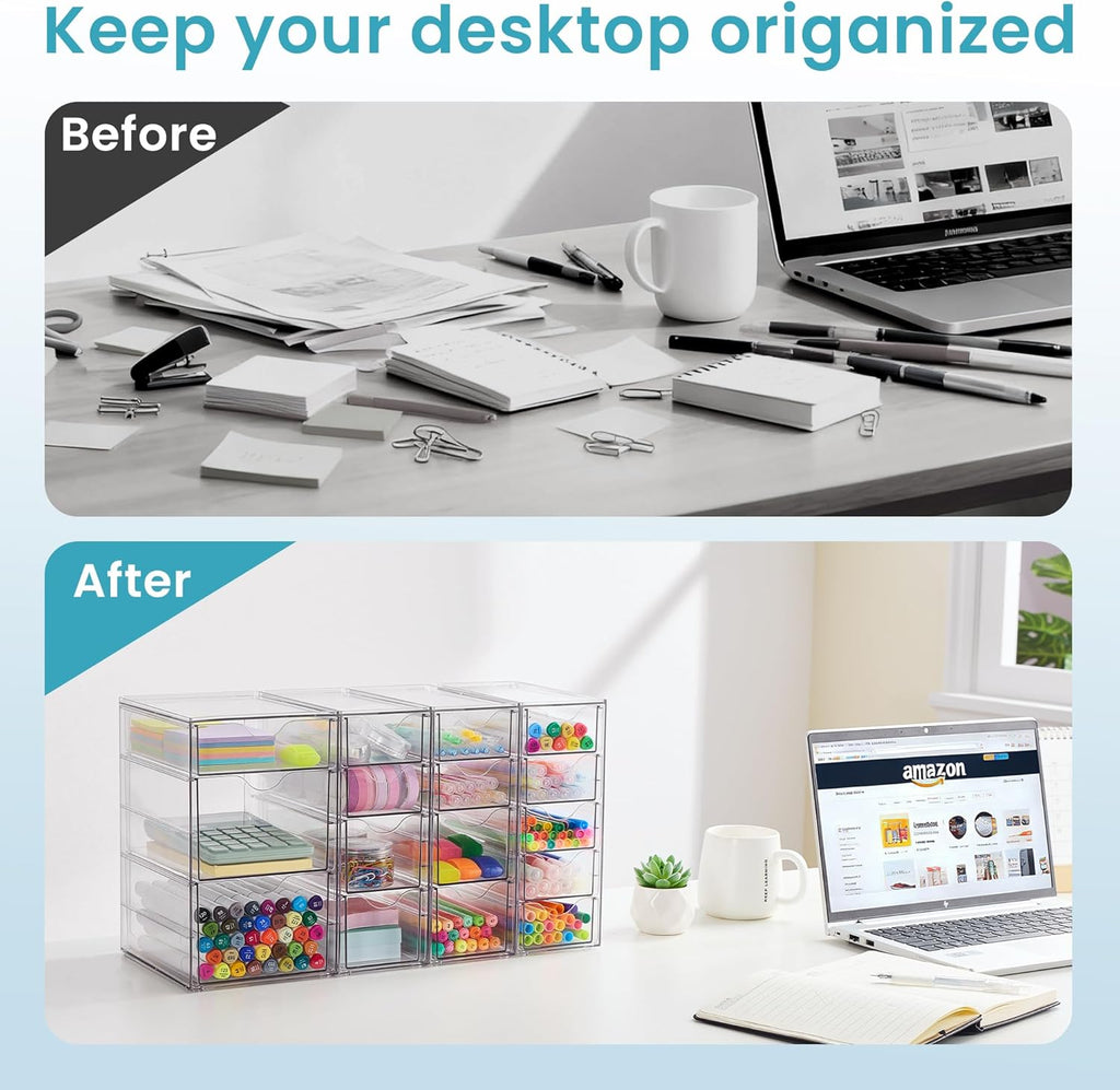 Vtopmart 4 Set Clear Desk Organizer, Pen Organizer with 16 Drawers, Acrylic Desktop Organization and Storage for Office Supplies, Pen, Makeup, Art Craft, Jewelry