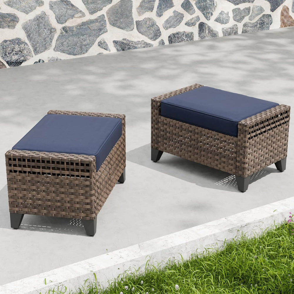 2 Pieces Modern Outdoor Wicker Patio Footstools, Multipurpose PE Rattan Ottom...