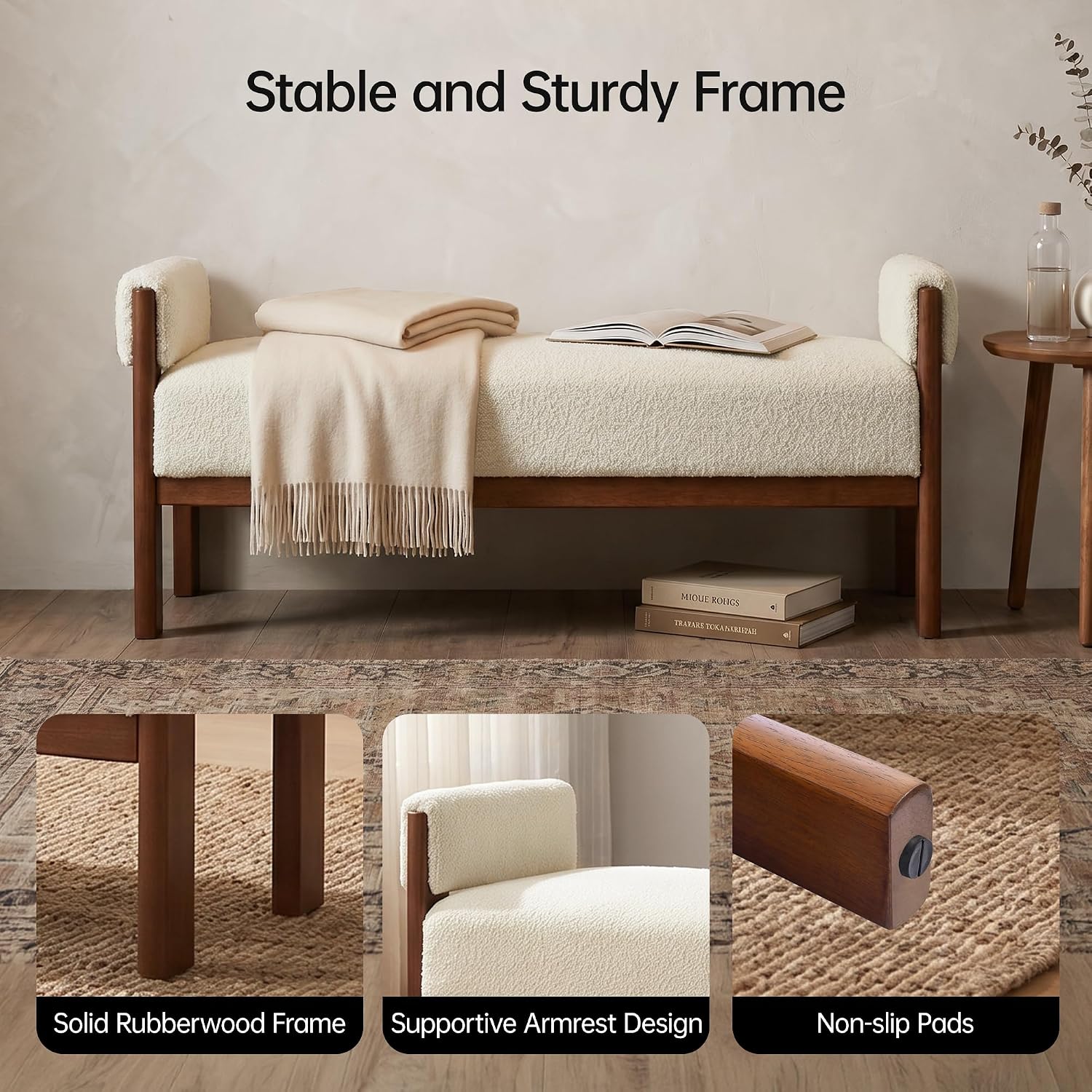 VKNOW 51.8”End of Bed Bench Upholstered Bedroom Bench with Arms, Beige | Solid Rubberwood Legs, Soft Fabric, Thickened seat cushion, Bedroom Living Room Entryway Dressing Areas, Easy to Assemble