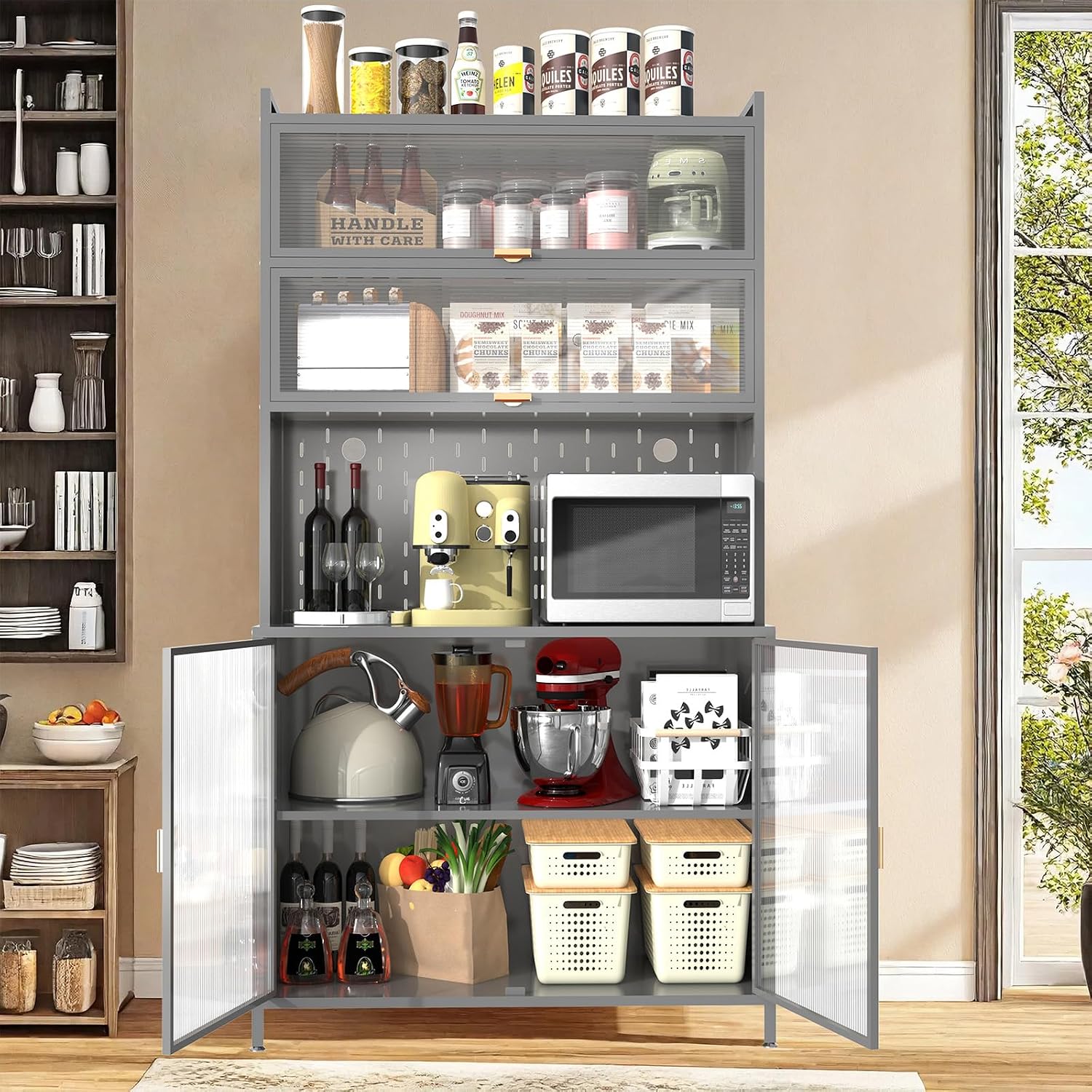 73'' Tall Kitchen Pantry Cabinet,Metal Pantry Cabinet with Adjustable Shelves,6-Tier Hutch Storage Cabinet with Microwave Stand, Anti-Tip Design Hutch for Kitchen, Dining Room, Living Room (Grey)