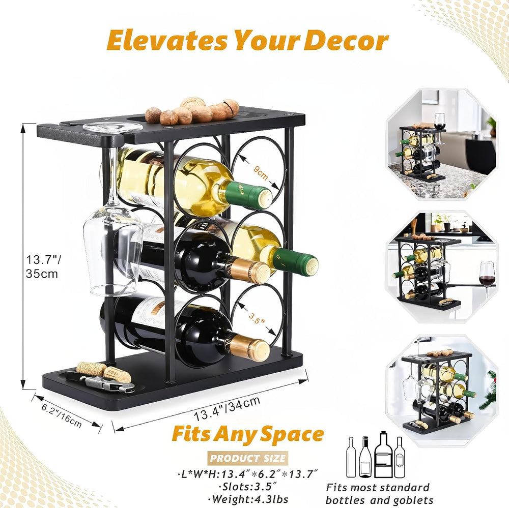 ALLCENER Modern Wine Rack Countertop, Matte Black 6 Bottle Wine Rack with Gla...