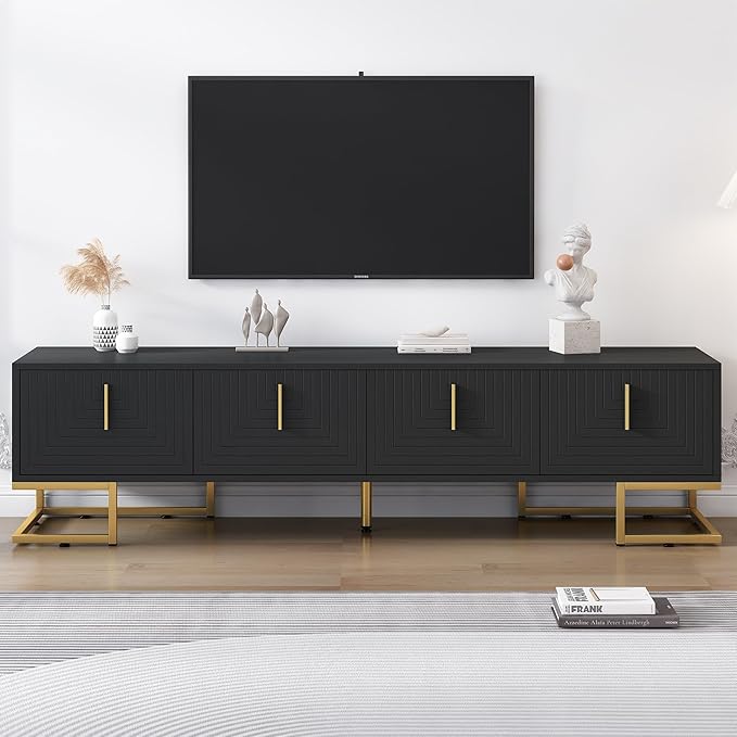 Ball & Cast Modern TV Stand with Storage Cabinets for TVs up to 80", Luxury Media Console w/Metal Legs & Gold Handles,Geometric Lines & Adjustable Shelf,Entertainment Center for Living Room,Black