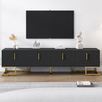 Ball & Cast Modern TV Stand with Storage Cabinets for TVs up to 80", Luxury Media Console w/Metal Legs & Gold Handles,Geometric Lines & Adjustable Shelf,Entertainment Center for Living Room,Black