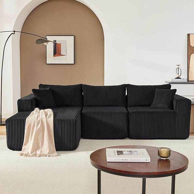 97" Modular Sectional Sofa, L-Shaped Boneless Couch with Deep Seat, Cozy Cloud Couch Sectional with Convertible Ottoman, Modern Sectional Couches for Living Room（ Black）