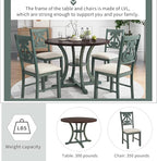 5-Piece Round Dining Table with Special-Shaped Table Legs and Storage Shelf,4 Fabric Chairs W/Cushioned Seat,for Dining Room Living Room,Antique Blue/Dark Brown