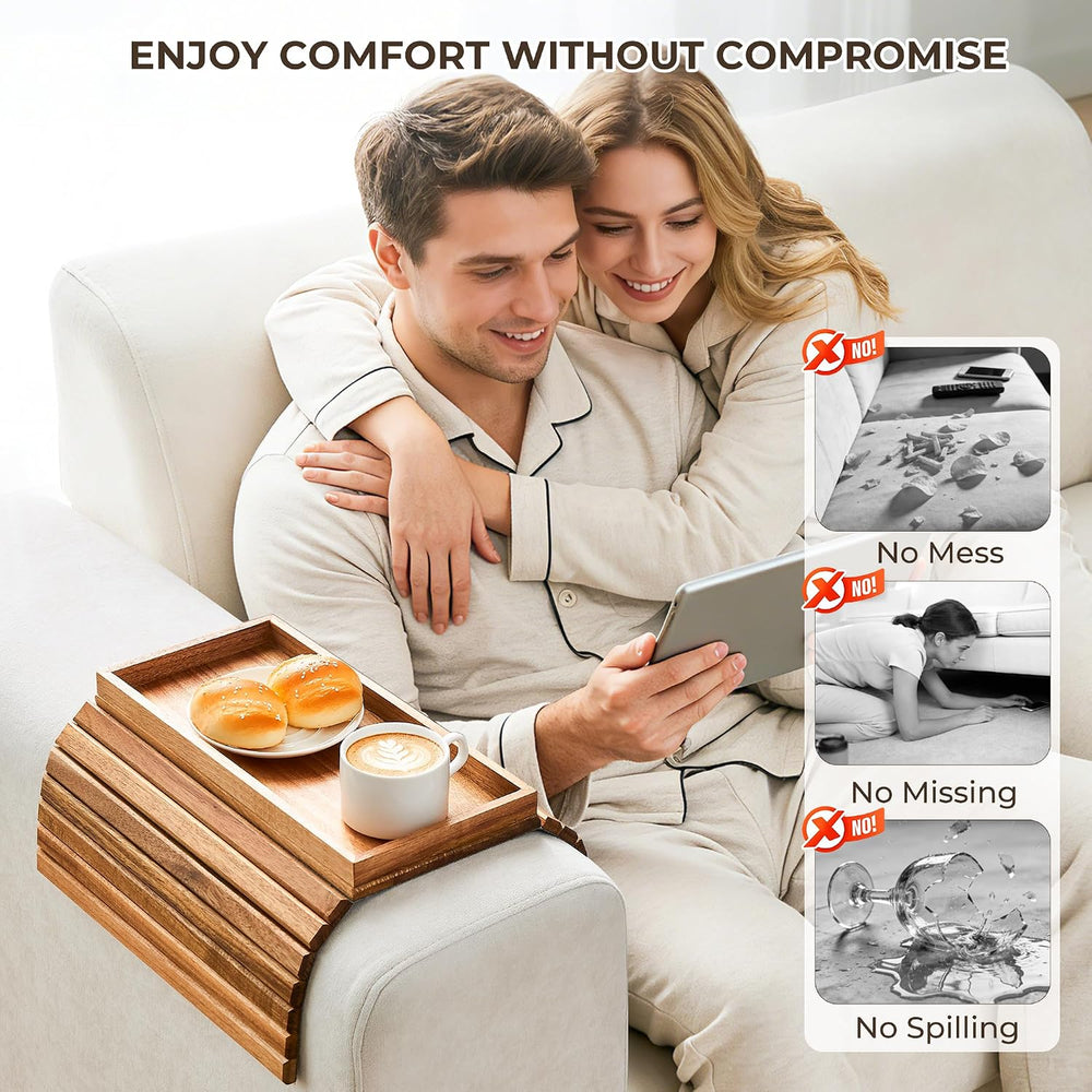 LOVYANXUE Acacia Wood Sofa Arm Tray, Foldable Couch Armrest Table with Anti-S...