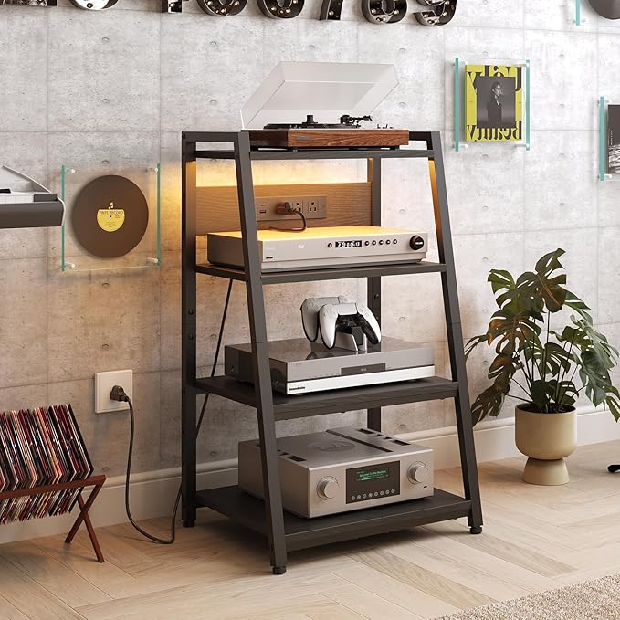 HOOBRO 4-Tier AV Media Stand with Charging Station and LED Light, Wooden Stereo Cabinet, Media Audio Tower Rack, Corner TV Stand, Record Player, Entertainment Device, Black BB106UDCJ01