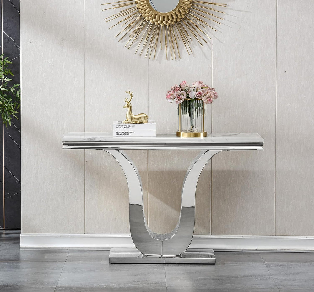 SSLine Modern White Faux Marble Console Table Luxury Entryway Table with Silv...