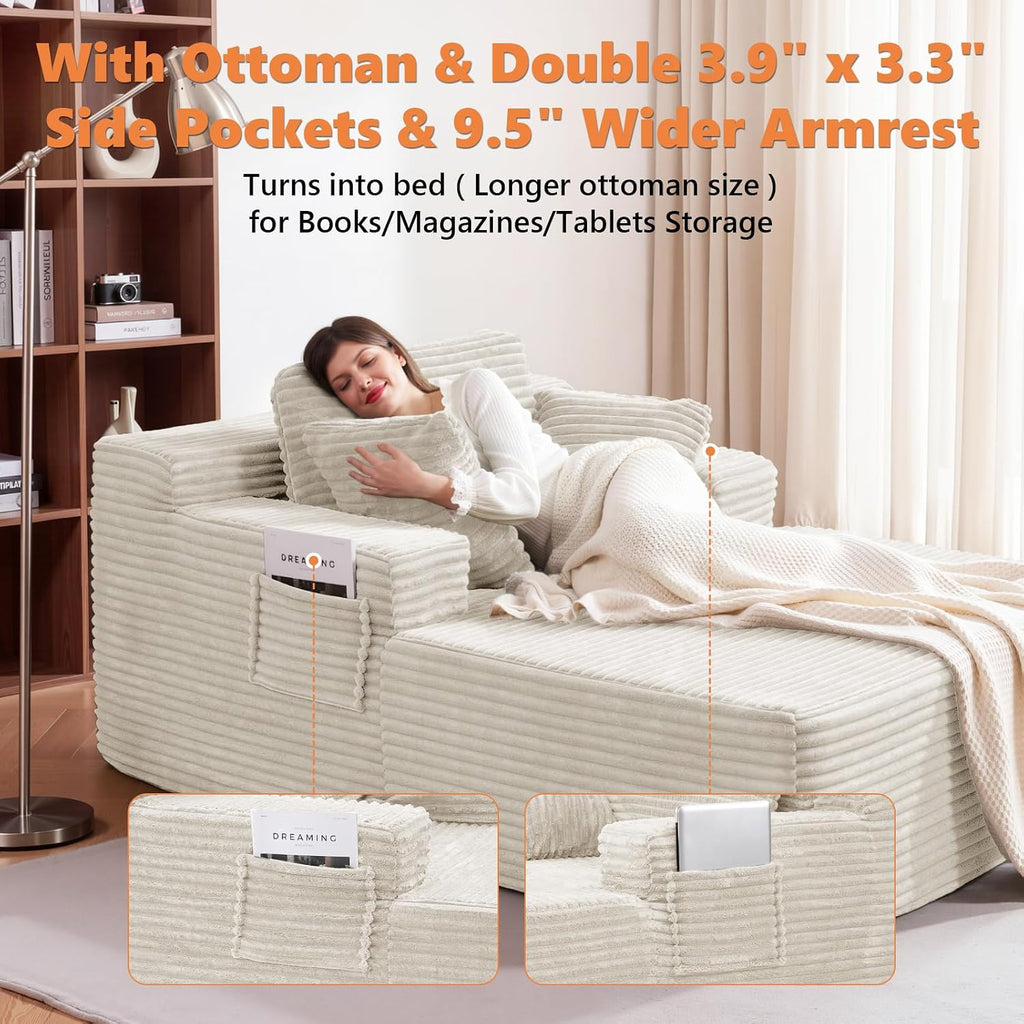 Boneless Chaise Lounge, 67" Oversized Chaise Lounge Chair Indoor with Side Pockets&Wide Armrests, Deep Seat Sleeper Sofa Bed, Cloud Corduroy Couch (Off-White, with Pockets)