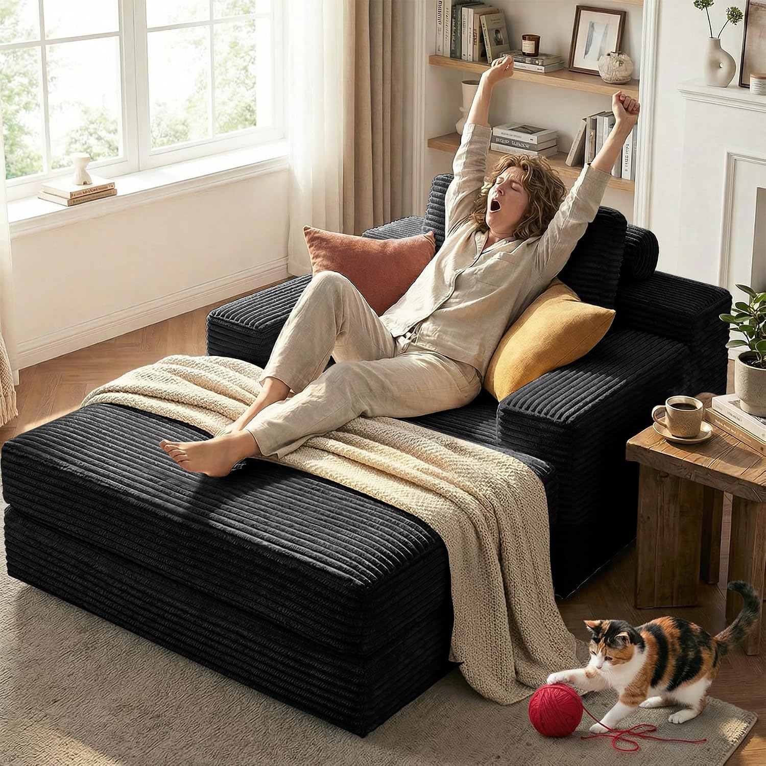 72.8" Convertible Chaise Lounge Sofa Bed, Corduroy Sleeper Boneless Couch with Removable Pillow & Movable Table Tray, Deep Seat No-Assembly Sofa for Living Room, Bedroom, Apartment, Black