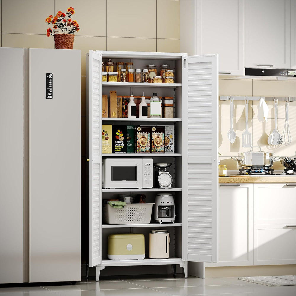 74" H Tall Kitchen Pantry Cabinet with Louvered Doors, Metal Storage Cab...