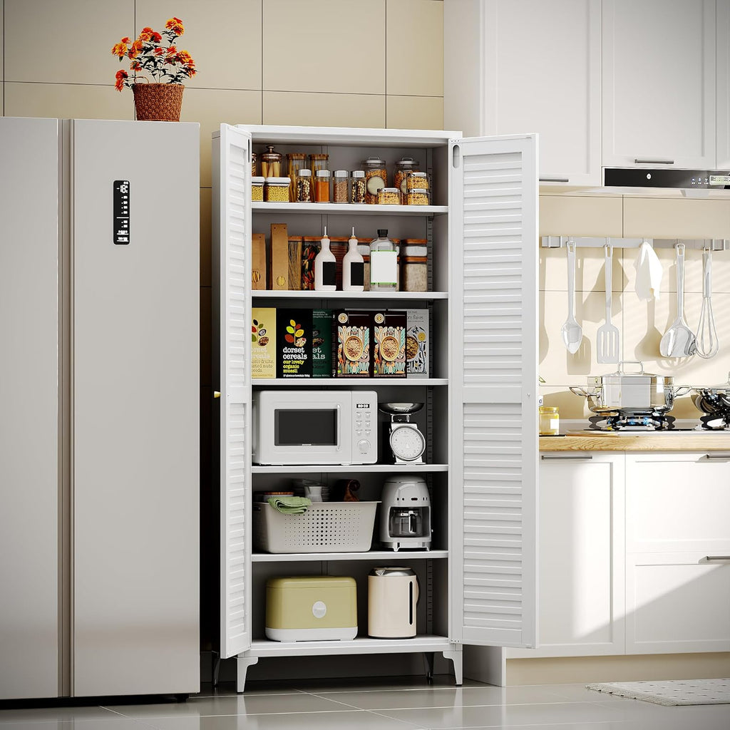 74" H Tall Kitchen Pantry Cabinet with Louvered Doors, Metal Storage Cabinet with 5 Adjustable Shelves, Large Cupboard for Dining Room, Kitchen, Living Room, White, Assembly Required