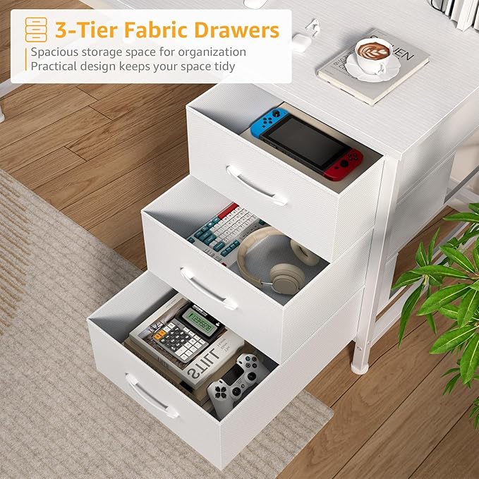 White Computer Desk with Hutch & Drawers - Office Desk with 3 Storage Drawers and Power Outlets, 47 Inch Modern Study Writing Desk for Bedroom Home Office