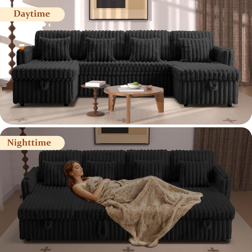 107'' Sectional Sleeper Sofa with Pull Out Bed, Storage Chaise, Adjus...