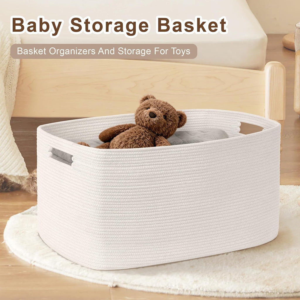 86L Large Baby Girls Laundry Basket for Nursery Storage,Cute Woven cotton Rope Baskets for Kids Toy，Gifts, Boho Square Wicker Blanket hamper for Living Room,Bedroom Dirty Clothes, White