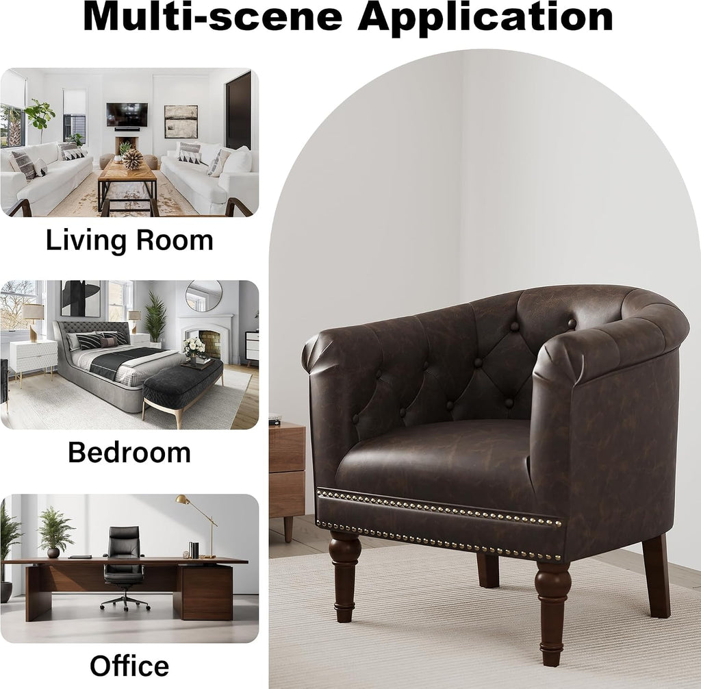 Faux Leather Barrel Accent Chair with Nailhead, Chocolate, Set of 1 | Low-Back Design | Solid Wood Frame & Legs | High-Density Foam Seat | For Living Room, Bedroom, Reception & Office