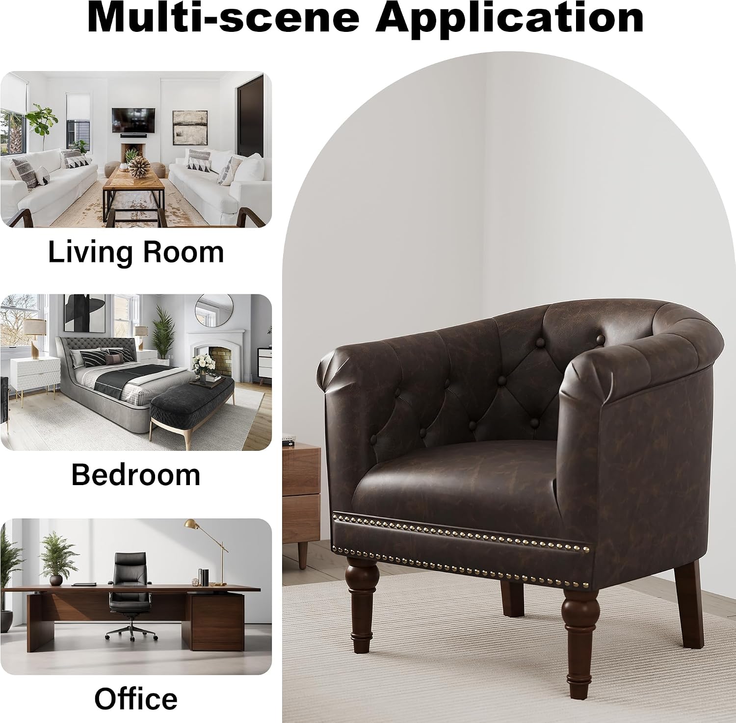 Faux Leather Barrel Accent Chair with Nailhead, Chocolate, Set of 1 | Low-Back Design | Solid Wood Frame & Legs | High-Density Foam Seat | For Living Room, Bedroom, Reception & Office